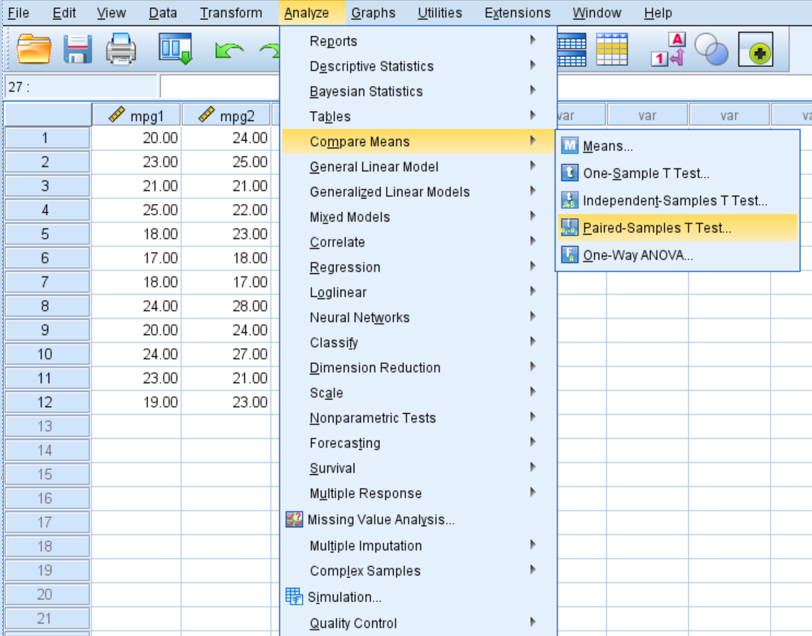 paired samples t-test in SPSS