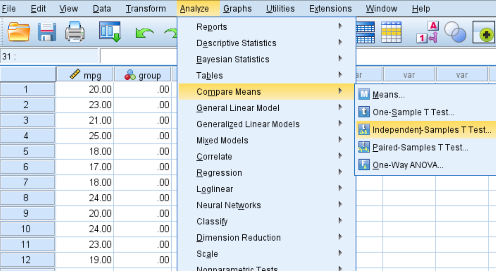 Two sample t-test in SPSS