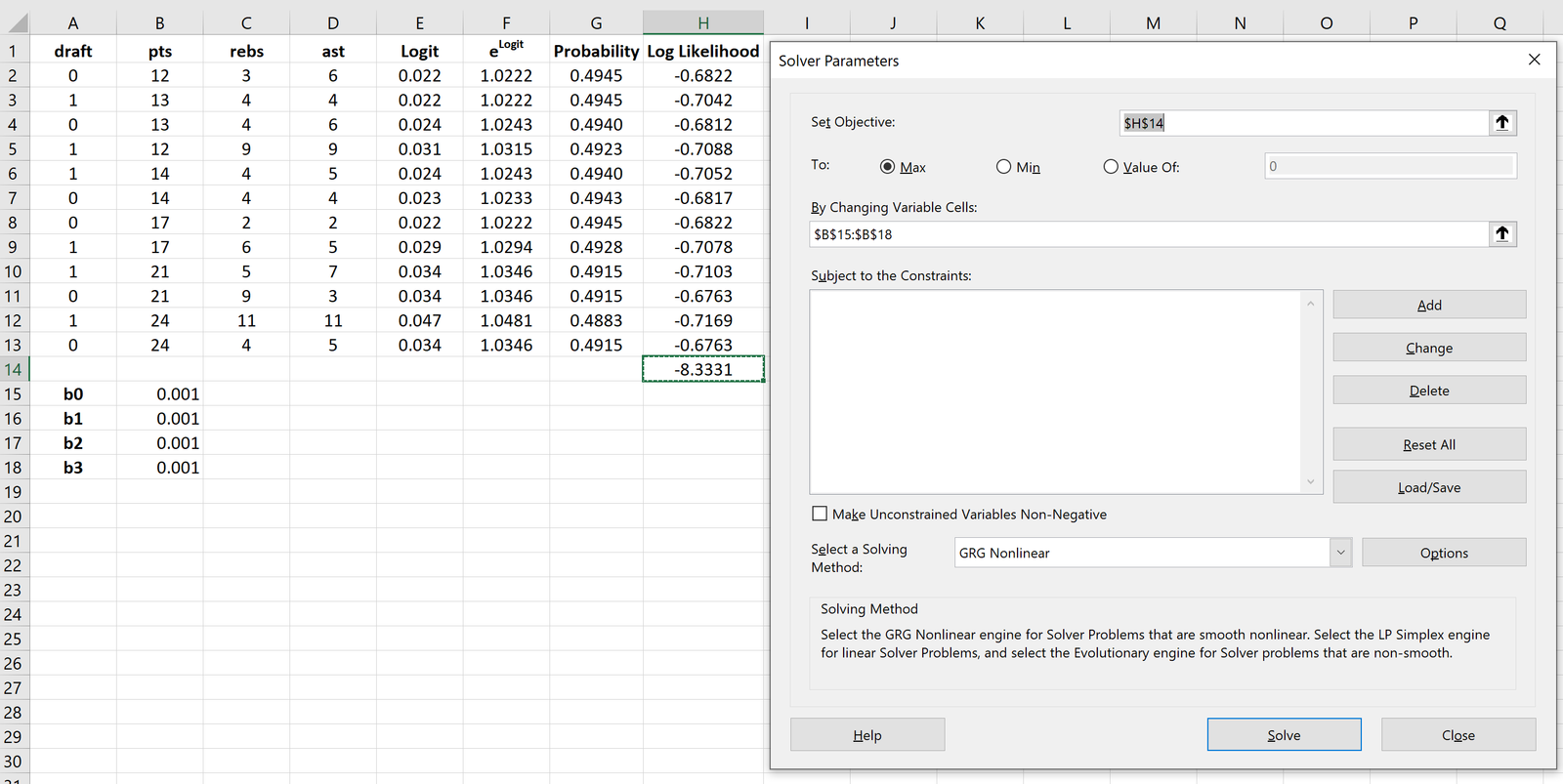 Solver for logistic regression model in Excel