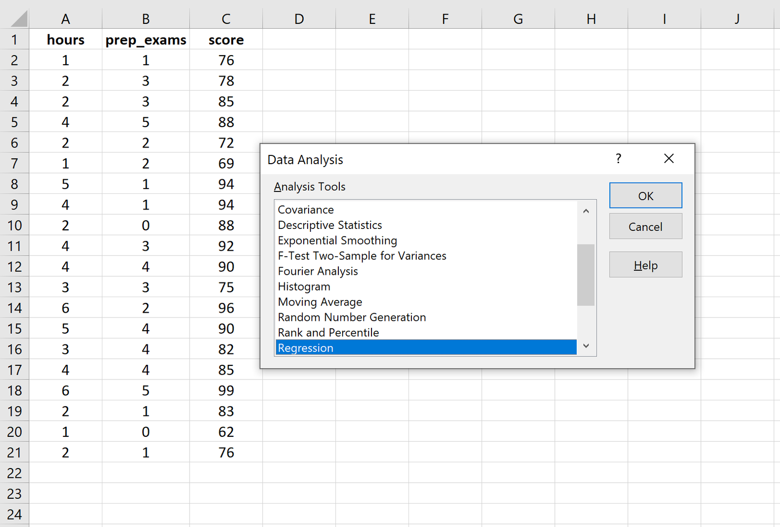 Multiple linear regression example in Excel