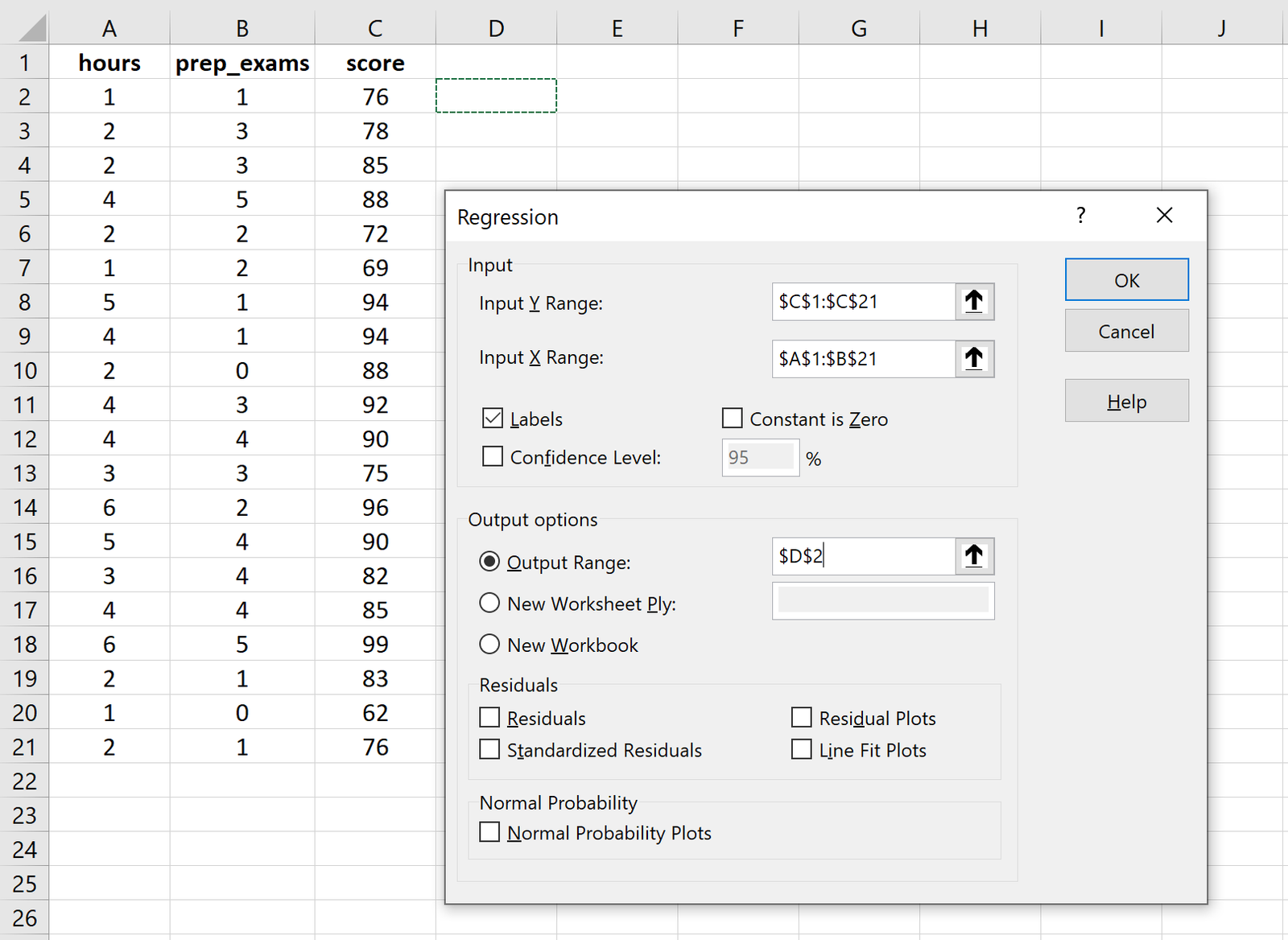 Multiple linear regression in Excel