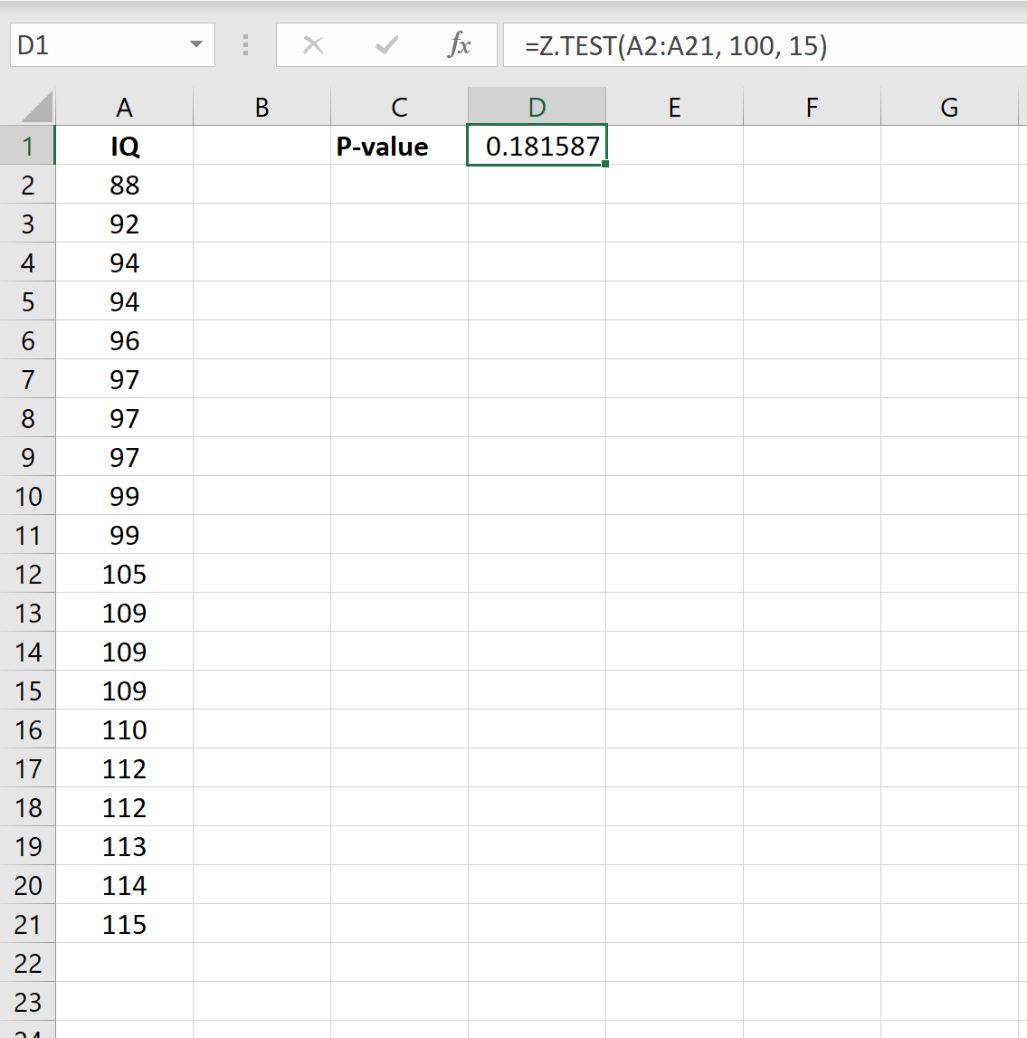 One sample z-test in Excel