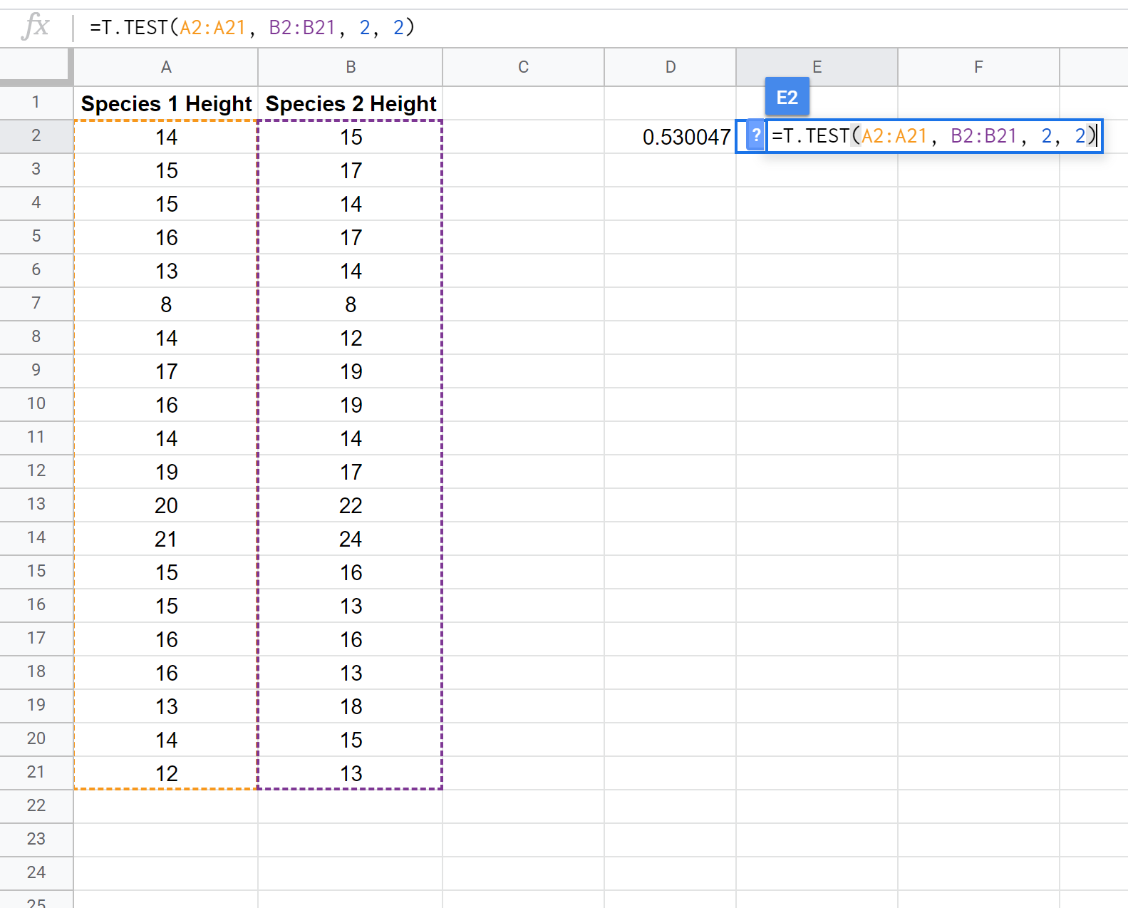 Two sample t-test in Google Sheets