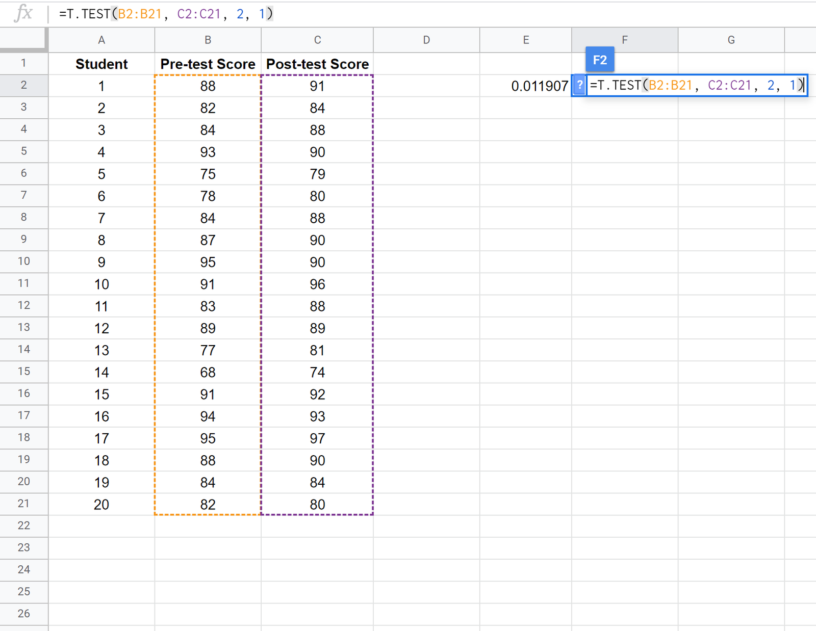 Paired samples t-test in Google Sheets