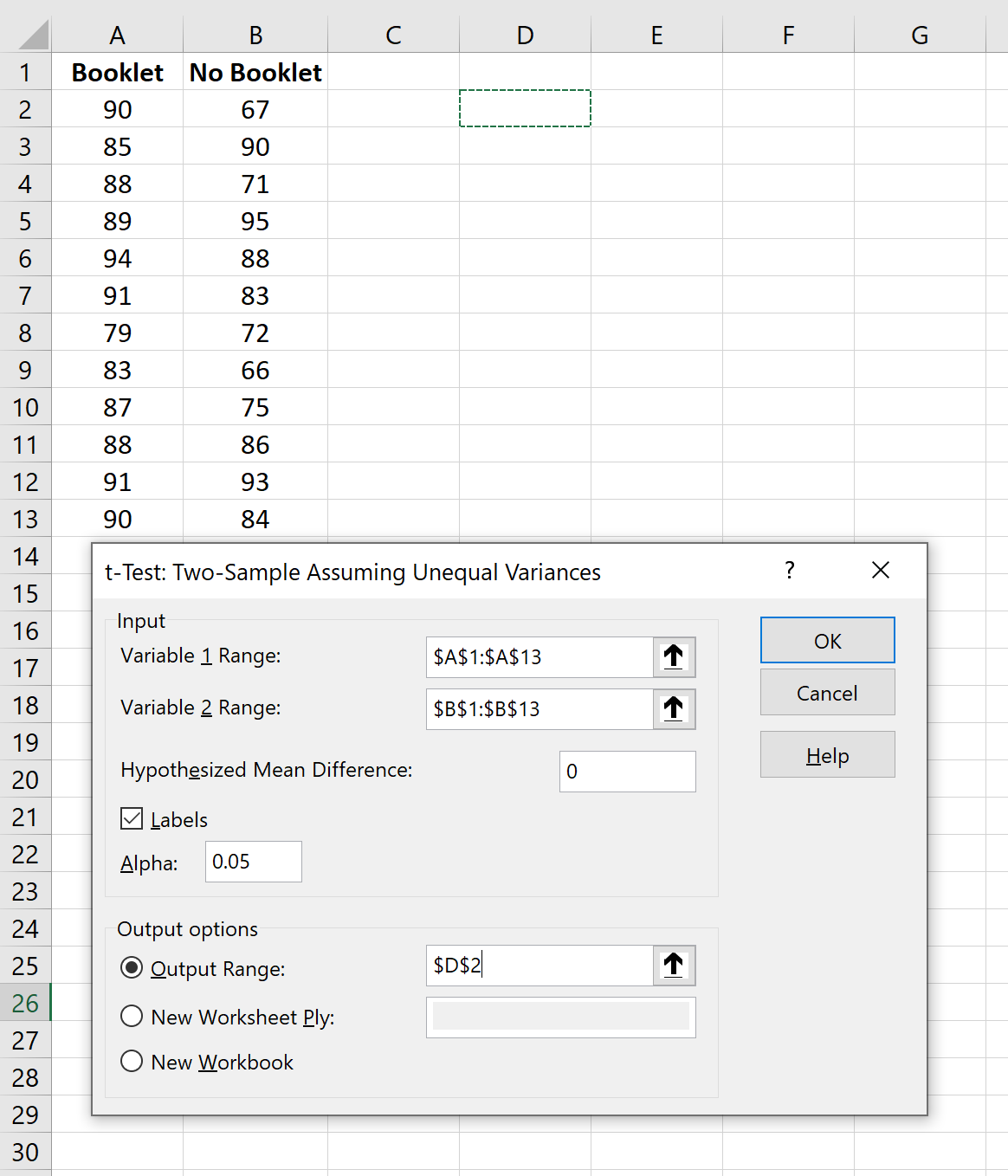 Welch's t-test in Excel example