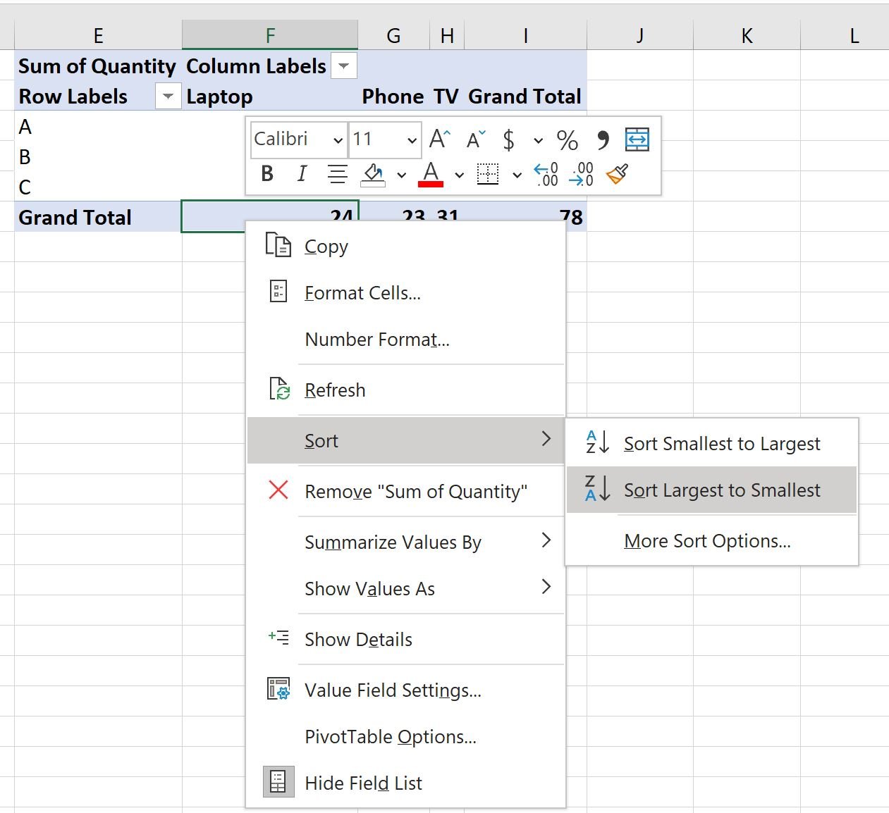 Excel sort pivot table by grand total