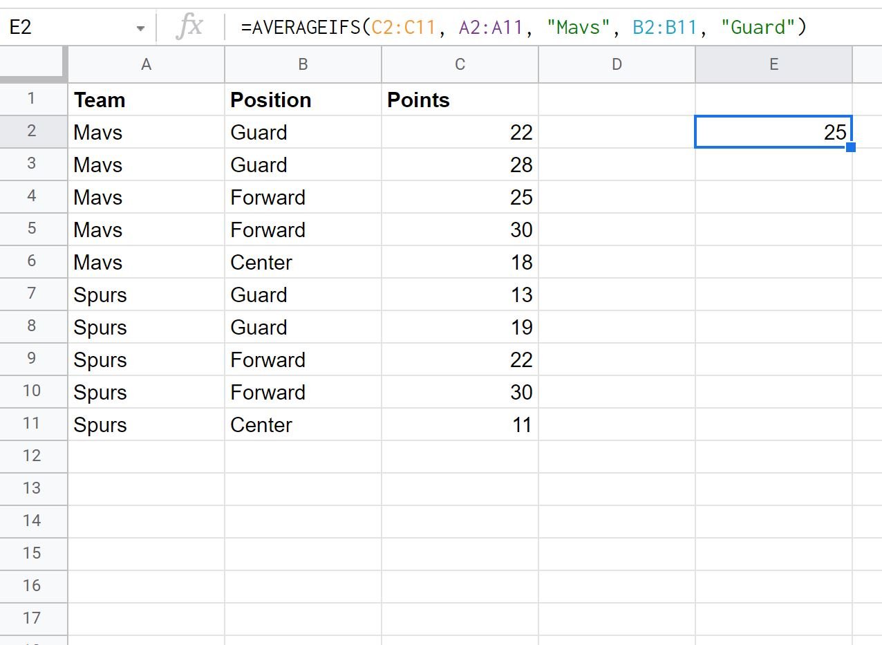 AVERAGEIFS in Google Sheets