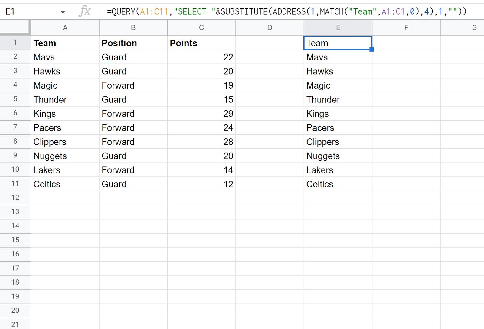 Google Sheets query column name