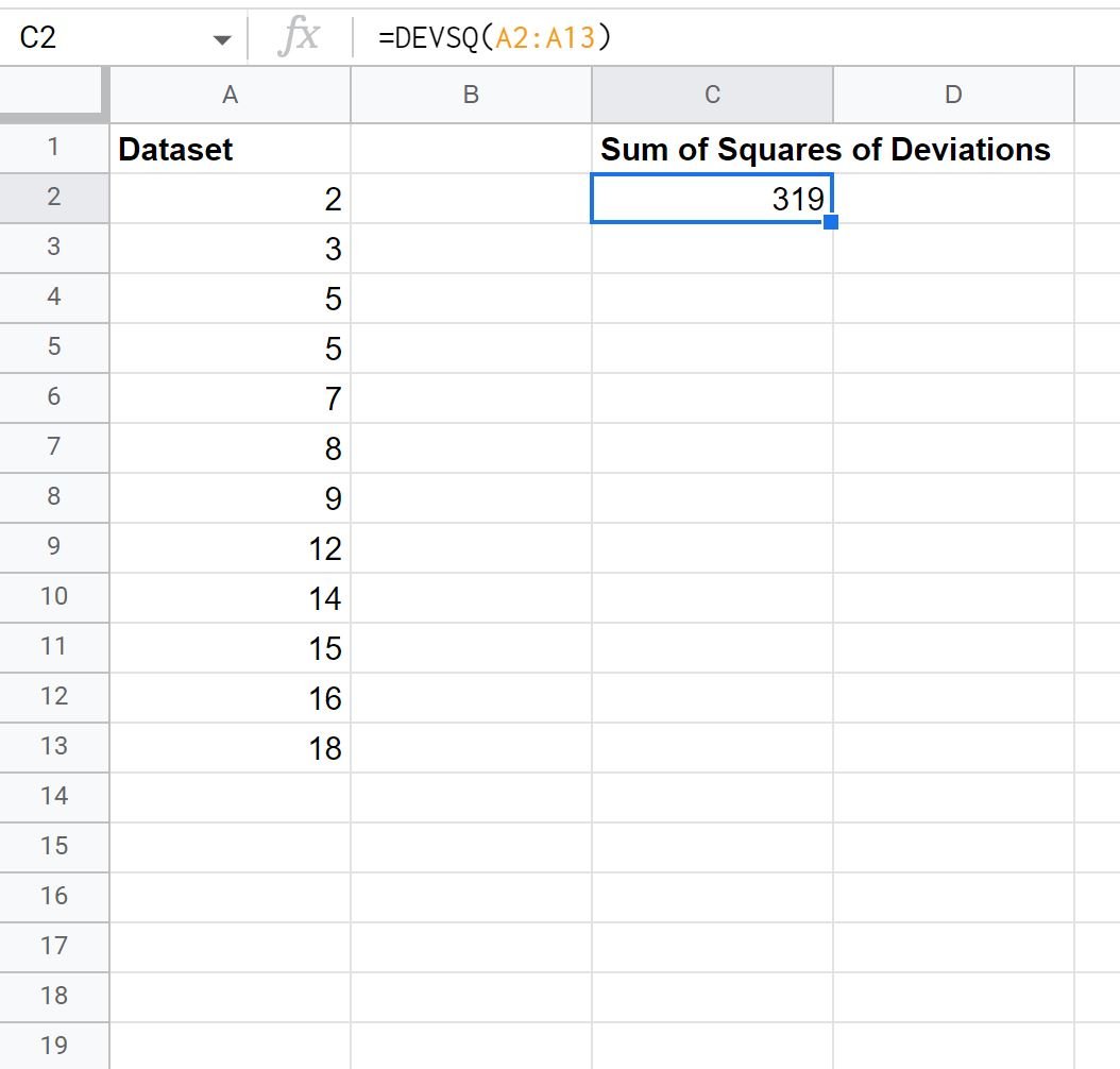 DEVSQ function in Google Sheets