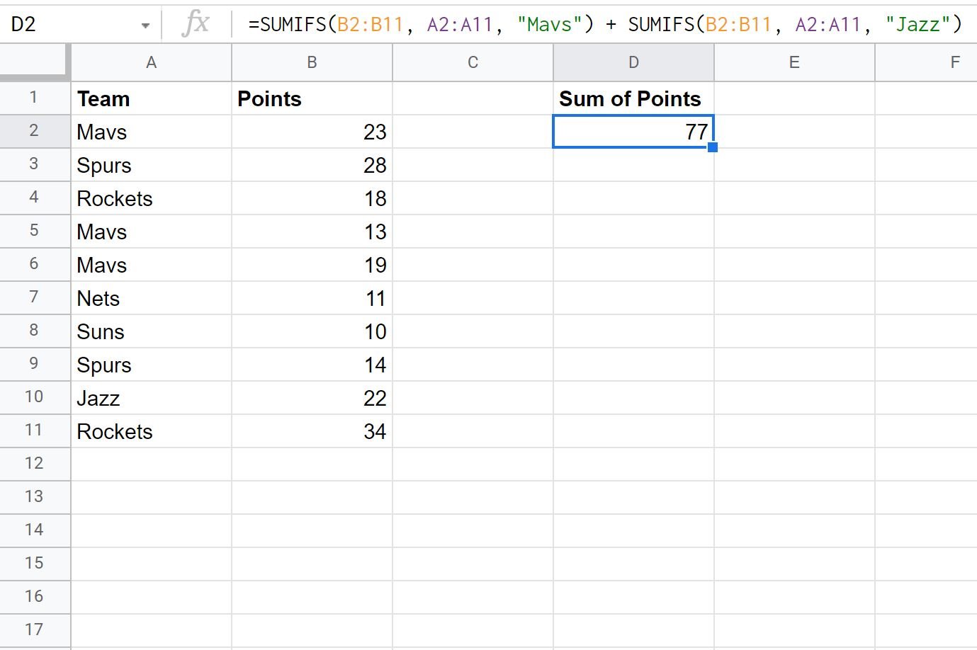 SUMIF OR formula in Google Sheets