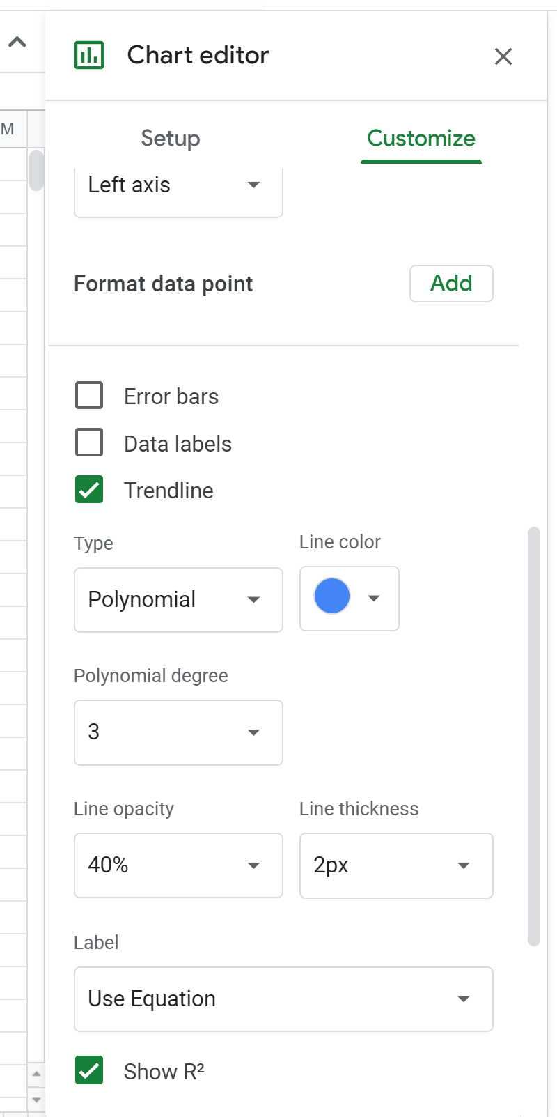 Changing the polynomial degree in Google Sheets